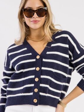 Zara Navy & White Striped 100% Wool Knit V-Neck Cropped Button Cardigan